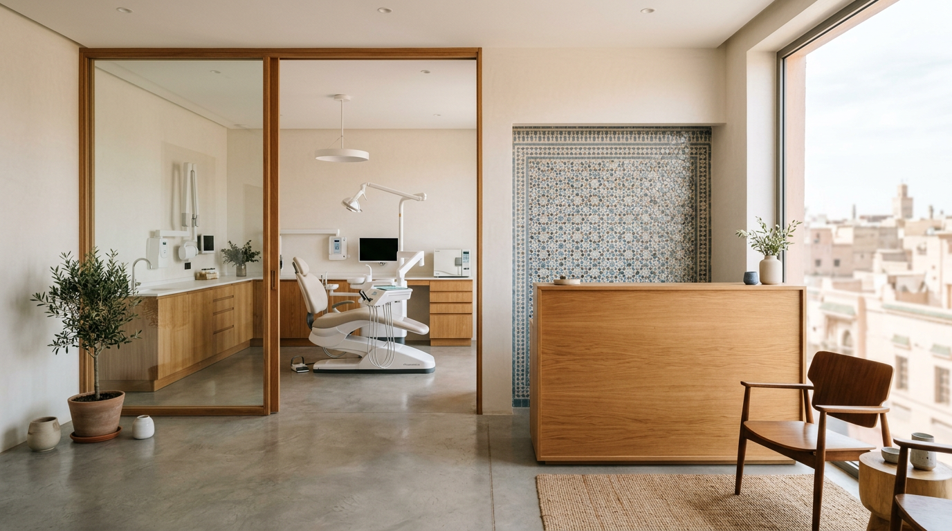 Cabinet médical moderne au Maroc, salle de soins baignée de lumière naturelle